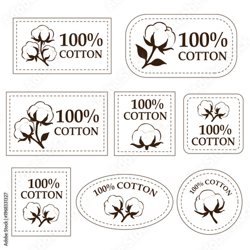 Set of cotton labels and badges with cotton plant icons. Vintage style tags for textile, organic fabric and clothing branding. 100 percent cotton logo collection isolated on background.