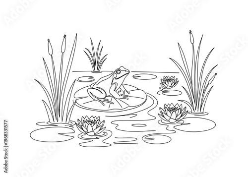 Pond Life Close-Up. Minimalistic one-line drawing frog on lily pad with water and flora, continuous single black line on white background, simple outline