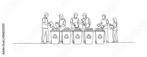 Organizing Recycling. Minimalistic one-line drawing group arranging paper, glass, and plastic into bins, continuous single black line on white background,