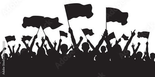 A large crowd of people waving flags in a celebratory demonstration depicted as a silhouette