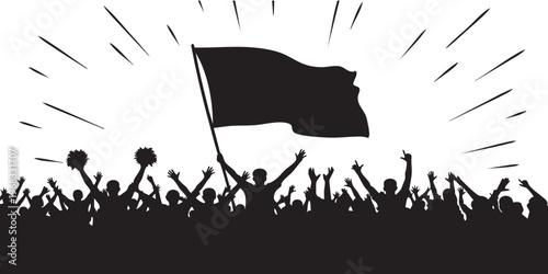 A jubilant crowd raises hands and cheers as a flag waves overhead a striking silhouette