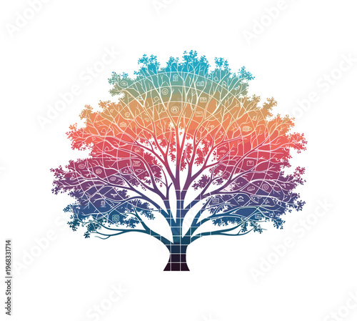 twilight tree circular grids abstract blocks and thin line icons detailed monochrome tree branches outlined against colorful fading sun with white cut-out