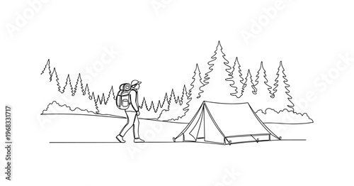 Backcountry Camping. Minimalistic one-line drawing camper walking with backpack in wooded terrain toward tent, continuous single black line on white