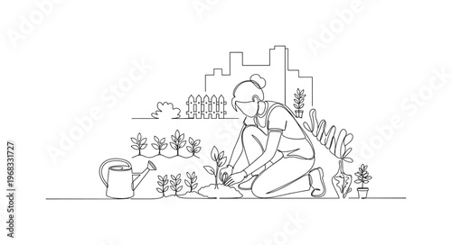 Community Garden Plot. Minimalistic one-line drawing individual planting seedlings in urban garden, continuous single black line on white background, simple