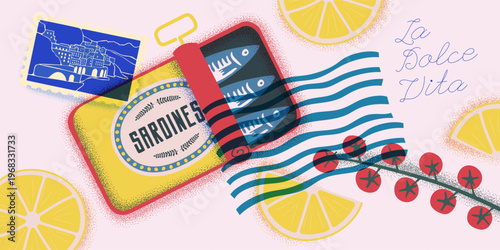 Sardine pattern banner. Italian Mediterranean fish with lemons and watercolor tomatoes. Amalfi canned sardines tin design with vintage labels and retro typography. Italic text translate: Sweet life.