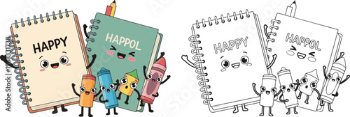 happy book and stationary pen pencil vector illustration of children kid color book