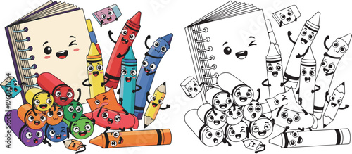 happy book and stationary pen pencil vector illustration of children kid color book