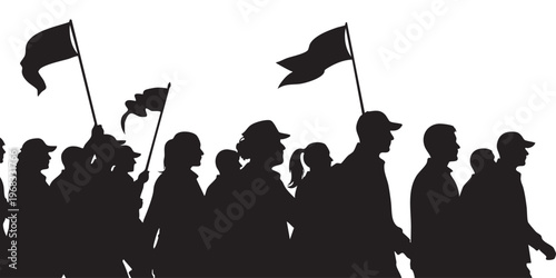 A group of people march forward with flags depicted as a striking black silhouette high quality