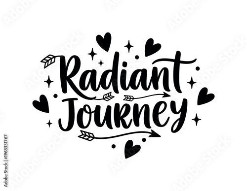 Radiant Journey. lettering and all elements in black. Vector style. AWhite background. Pure white background. Perfect isolation and visual consistency. Bold