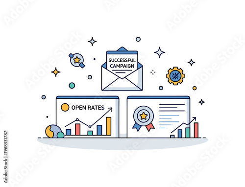 Successful campaign email marketing result scene where analytics show high open rates and conversions while tiny sparkle and star icons highlight success,