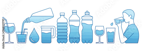 Water balance hydration concept illustrations showcasing fluid intake, water symbols, and balanced hydration visuals, crafted as modern vector graphics ideal for medical infographics