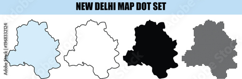 New Delhi Map Silhouette Set in Various Styles Isolated on White Background
