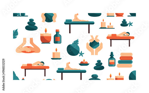relaxation icons seamless pattern, repeating pattern, surface design, textile print, modern illustration of massage therapy, spa stones, candles, hands,