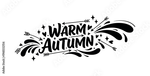 Warm Autumn. lettering and all elements in black. Vector style. AWhite background. Pure white background. Perfect isolation and visual consistency. Bold