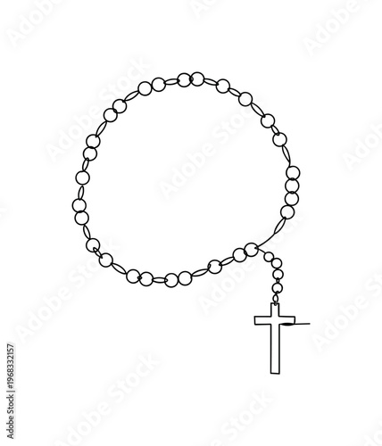 Rosary Beads. Minimalistic one-line drawing rosary with cross at end, continuous single black line on white background, simple outline style, no shading, no