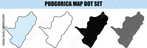 Podgorica Map Dot Set showing Montenegro capital city outline in various styles