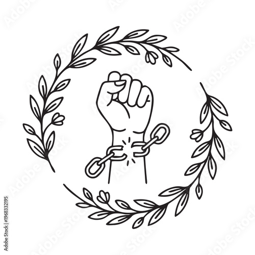 A clenched fist breaking chains surrounded by foliage in a circular design silhouette high quality professional