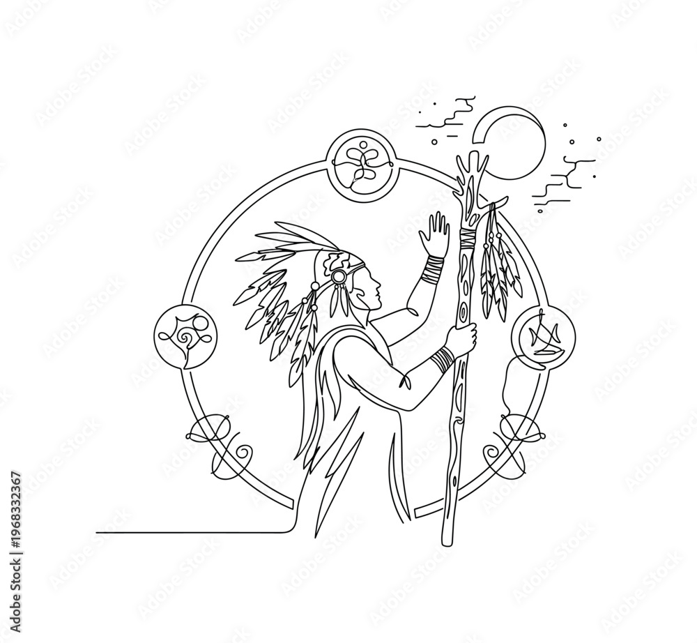 Obraz premium Mystical Ceremony. Minimalistic one-line drawing shaman with staff in ritual circle, continuous single black line on white background, simple outline style, no