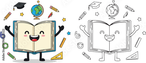 happy book and stationary pen pencil vector illustration of children kid color book