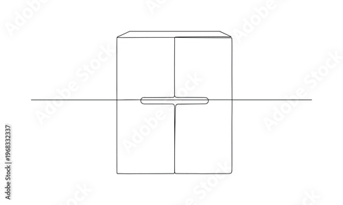 Hidden Pull Design. Minimalistic one-line drawing cupboard with subtle handle integration, continuous single black line on white background, simple outline