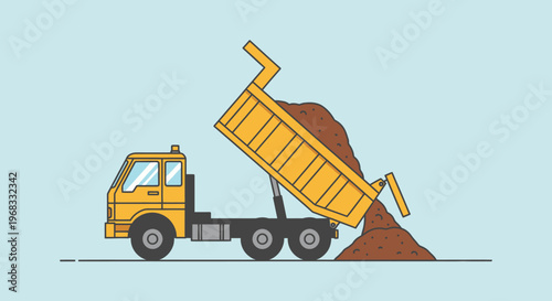 Yellow dump truck dumping brown dirt.