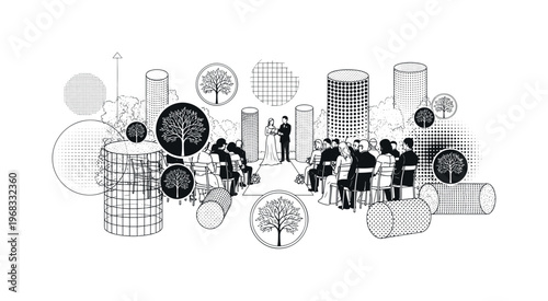 outdoor ceremony abstract cylinders circular grids and minimal tree icons vintage monochrome wedding guests seated in garden setting with lush spring greenery