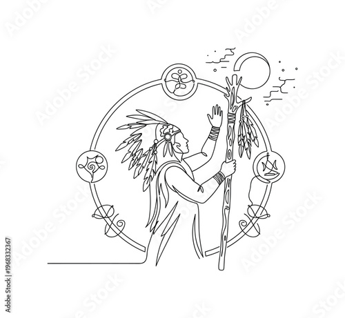 Mystical Ceremony. Minimalistic one-line drawing shaman with staff in ritual circle, continuous single black line on white background, simple outline style, no