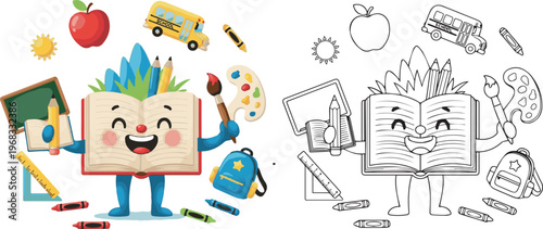happy book and stationary pen pencil vector illustration of children kid color book