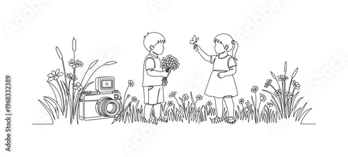 May Photoshoot with Children. Minimalistic one-line drawing children playing in a field of flowers with camera nearby, continuous single black line on white