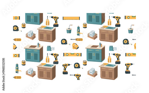 countertop installation motifs seamless pattern, repeating pattern, surface design, textile print, modern illustration of cabinets, countertops, drills,