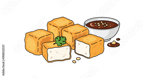 Savory Fried Tofu Cubes with a Rich Dipping Sauce and Fresh Herb Garnish