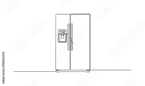 Kitchen Fridge. Minimalistic one-line drawing modern fridge with handles, continuous single black line on white background, simple outline style, no shading,