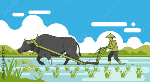 Man plowing paddy field with ox.