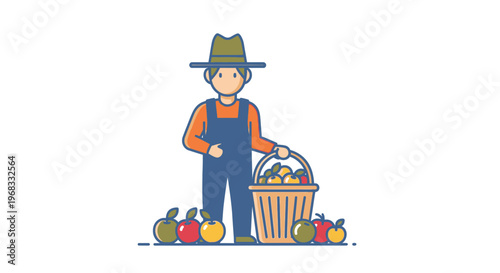 Man in overalls holding basket apples.