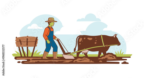 Man plowing field with brown cow.