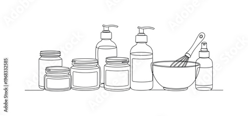 Homemade Skincare. Minimalistic one-line drawing jars, bottles, and mixing bowl for DIY cosmetic preparation, continuous single black line on white background,