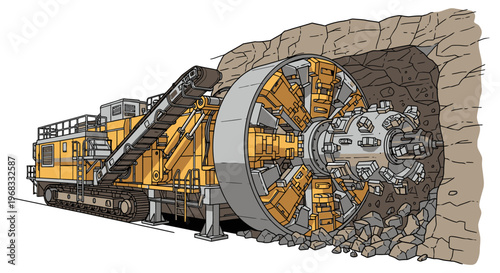 Large tunnel boring machine excavates underground.