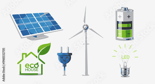 Eco friendly energy solutions icons set.