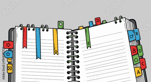 Colorful notebook with bookmarks.