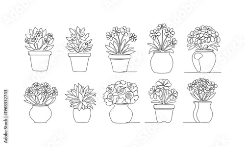 Flower Pot Collection. Minimalistic one-line drawing variety of flowering plants in bright pots, continuous single black line on white background, simple