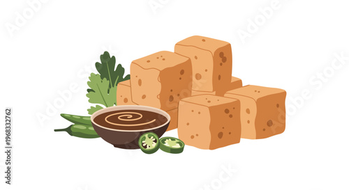 A visually appealing flat illustration of fried tofu cubes served with a rich dipping sauce, jalapenos, and fresh cilantro leaves on a plain white