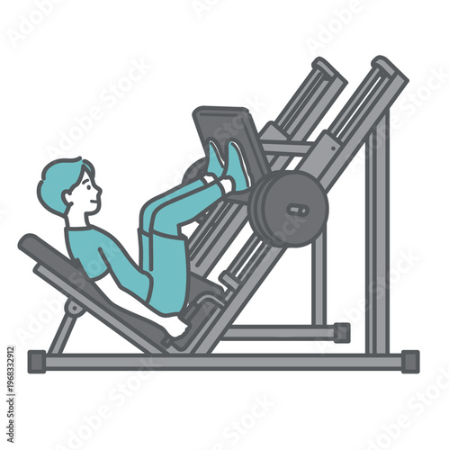 笑顔でレッグプレスマシンを使ってトレーニングをする男性のイラスト