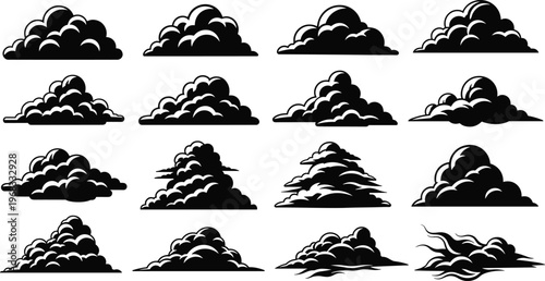 Set of black cloud silhouettes with white outlines featuring various fluffy cumulus shapes and atmospheric weather elements for creative sky and landscape design.