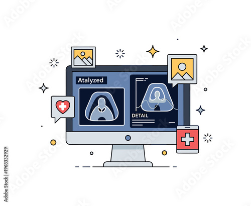Image analysis software medical pathology concept where tissue images are analyzed digitally while tiny sparkle and line icons highlight diagnostics, accuracy,