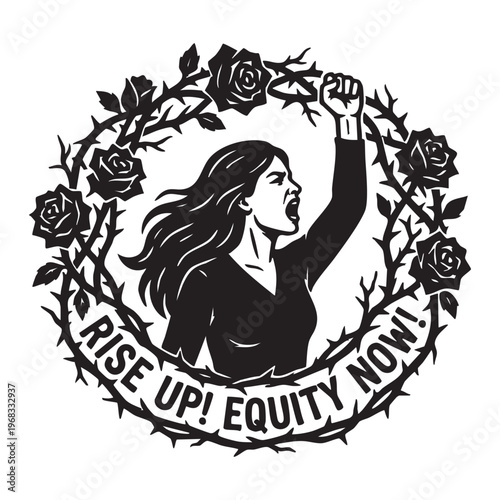 A woman raising a fist within a floral wreath displaying a protest message silhouette high quality