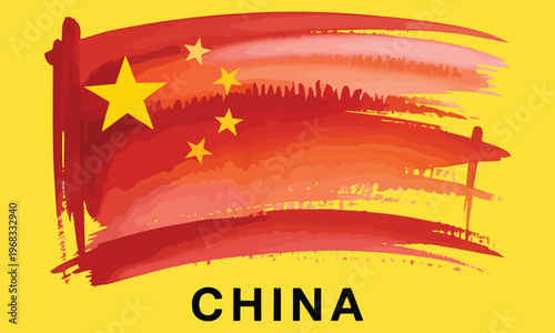 Artistic brushstroke interpretation of the Chinese national flag with yellow stars on a bold yellow background