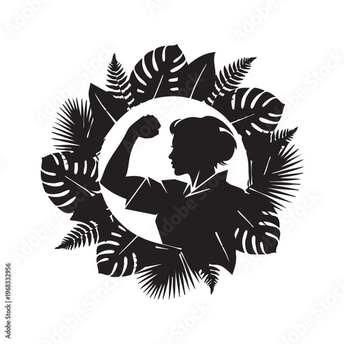 A strong woman raising her fist framed by tropical leaves in a bold black silhouette