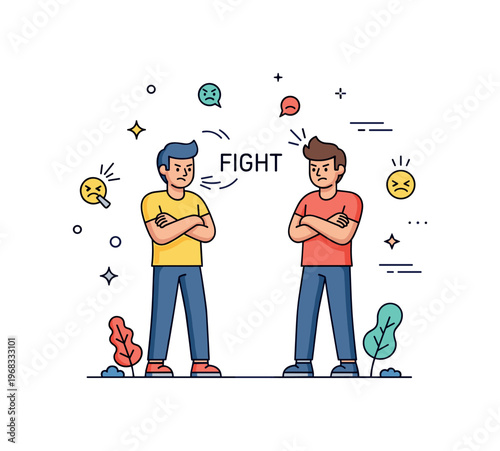 Fight between friends tense backyard scene where two friends stand with crossed arms and frustrated expressions while small sparkle and line icons emphasize