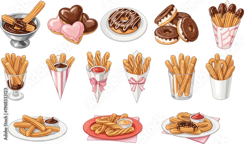 Set of delicious churros and chocolate donuts featuring traditional Spanish desserts with dipping sauces, heart-shaped pastries, and festive snack cones for cafe menu illustrations.