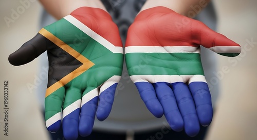 hand holding a flag of the south africa